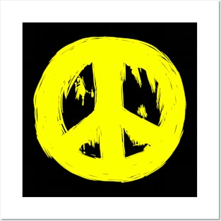 Ragged Brushed Peace Sign Yellow Posters and Art